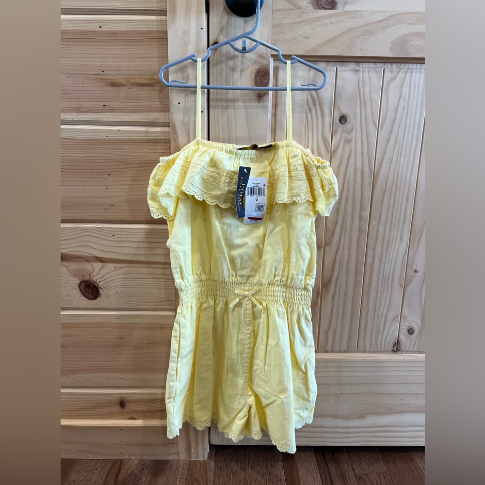 NWT Polo Ralph Lauren Girl's Eyelet Trim Embroidered Romper Yellow SZ 12 $98.50